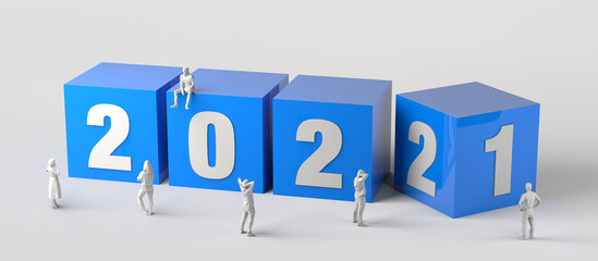Change from the year 2021 to the year 2022 with blue cubes and people around. 3D illustration.