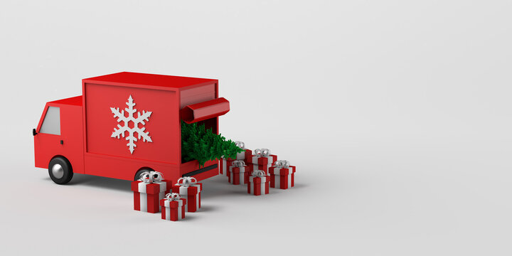 Concept of home delivery of christmas gifts with van. Copy space. 3D illustration.