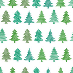 Christmas tree seamless pattern. Hand drawn illustration. Green lines.  