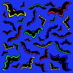pattern of multicolored bats on a blue background