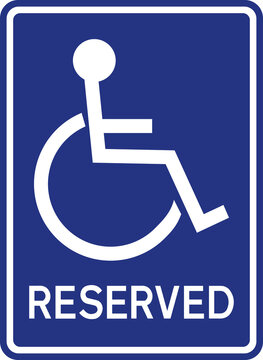 Wheelchair reserved seating sign. White on Blue background. Parking signs and symbols.