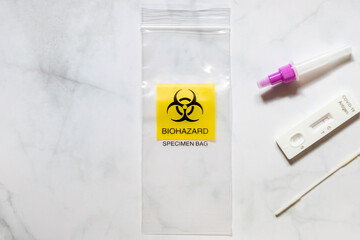 Covid-19 Rapid Antigen Test kit and biohazard specimen bag on white background. Concept of waste separation to prevent spreading of coronavirus infection.