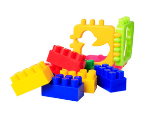 Plastic building blocks and constructor isolated on white background. The concept of children's educational toys for toddlers. Set of children's toys