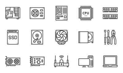 Computer Hardware Line Icons, motherboard, cpu chip, case computer,