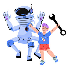 Kids robotics, programming and engineering lessons, computer and electronic school for children. Child making and programming robot, flat cartoon vector illustration isolated on white background.