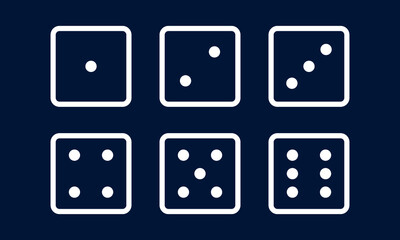 Dice game line icon set.  Pipped dices .Toss from one to six. Die for casino craps, table or board games, luck and random choice. Vector illustration, isolated 