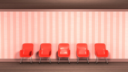 ピンクのストライプの壁の部屋　５つ並んだ赤い椅子　3DCG　部屋　インテリア