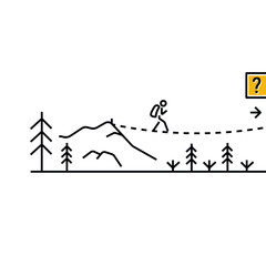 Tourist have a challenge, path in the mounts. Adventure line art concept. Nordic Landscape. Vector illustration 