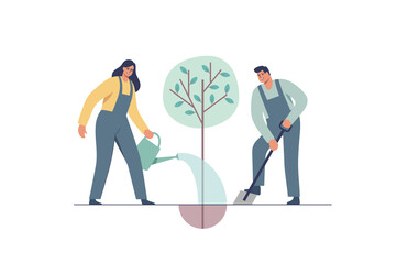 People plant and tend trees. Concept of collaboration and environment care. Save earth ecology. Vector illustration. © faber14