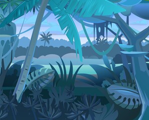 Fototapeta na wymiar Jungle vector. Dense thickets. View from Tropical Dark night forest panorama. Southern Rural Scenery. Illustration in cartoon style flat design