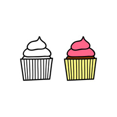 Doodle colored and outline cupcake.
