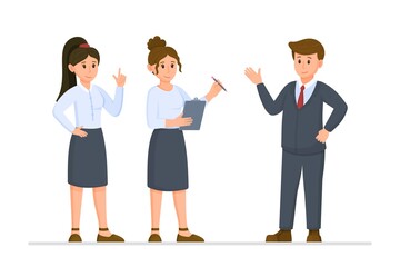 Vector illustration of business mission. Job performance. Work in the office. Favourite business. Two girls listening to their boss. Work uniform. Isolated on a white background.