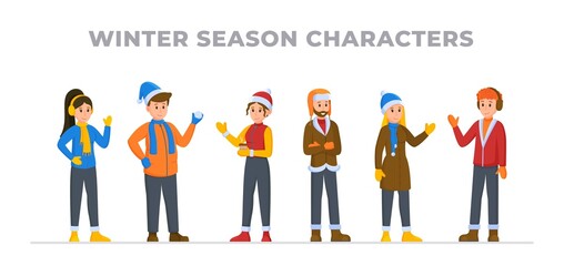 Vector illustration of characters in winter isolated on a white background. Set of cartoon people wearing winter clothes. Boys, girls, men and women standing outside in the cold.