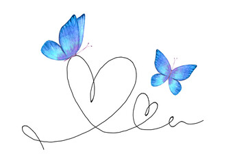 Hand drawn heart with black outline and watercolor butterflies isolated on white background.