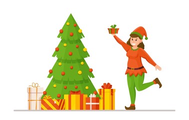 Vector illustration of the concept of an elf decorating a Christmas tree. Santa's helper helps to decorate the room. Winter Traditions.