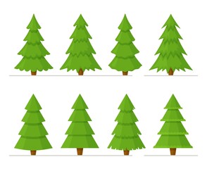 Fototapeta premium Vector illustration of a set of green Christmas trees isolated on a white background. Fresh green trees. Winter atmosphere.