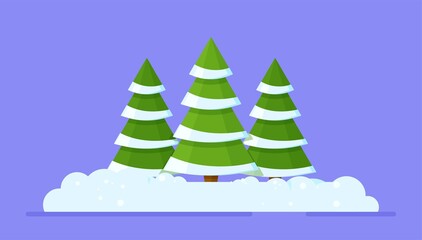 Vector illustration of winter forest. Beautiful winter forest landscape. Christmas background, Pine, Snow, Trees.