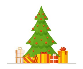 Vector illustration of a Christmas tree with red ornaments and gifts on top of it. Winter card or envelope.