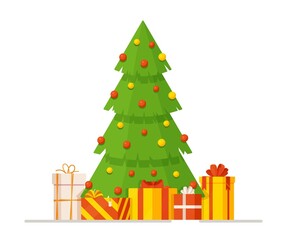 Vector illustration of a Christmas tree with red ornaments and gifts on top of it. Winter card or envelope.