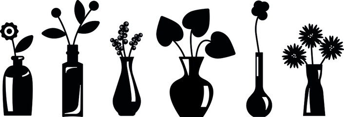 Flowers in the vase silhouette. Simply shapes. Element of interior, decoration for design. Vector illustration on white background isolated