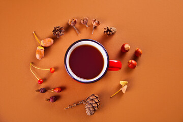 Autumn composition with mug of tea, dry leaves, cones, acorns, berries, nuts.
