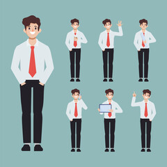 Collection of businessman pose set character. Flat cartoon illustration vector design.