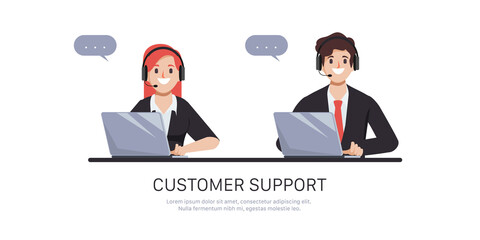 Customer service and call center character. Flat cartoon business people illustration vector design.