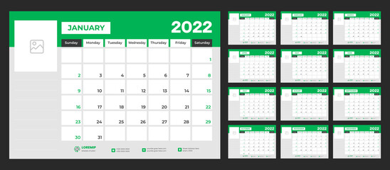 2022 calendar planner set for template corporate design week start on Sunday. 2022 planner calendar design set with green color.