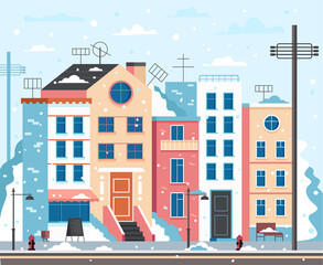 Obraz na płótnie Canvas Winter city town outdoors snowflake concept. Vector flat graphic design illustration