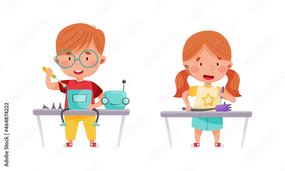 Poster smiling little boy and girl engineering and configurating robot vector set