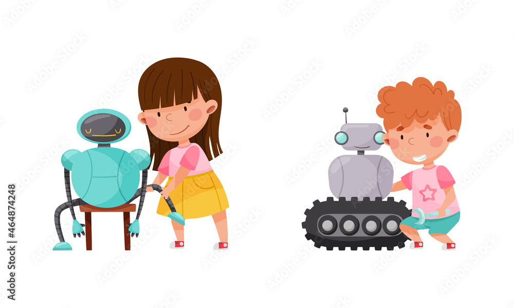 Poster smiling little boy and girl engineering and configurating robot vector set