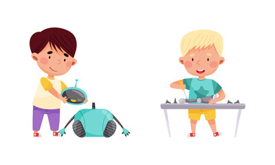 Smiling Little Boy Engineering and Configurating Robot Vector Set