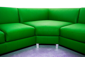 Corner folding sofa upholstered in leatherette, insulated on a white background,