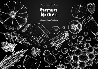 Organic food illustration. Farmers market design elements. Hand drawn sketch. Various food frame. Good food store concept.