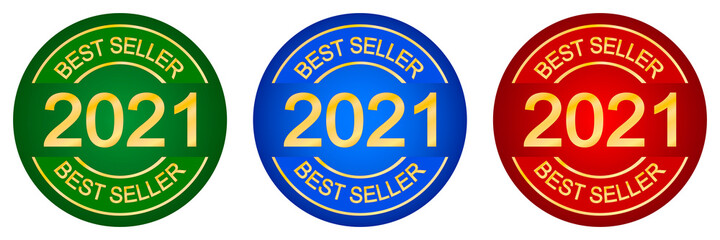 Best seller 2021 stamp. Set of round logo. Label or seal. Product quality. Bestseller cachet. Round print. Top seller. Dark red, blue, green and gold.