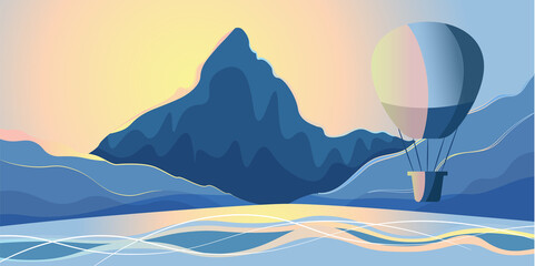 Morning seascape with mountains and balloon - vector illustration, eps