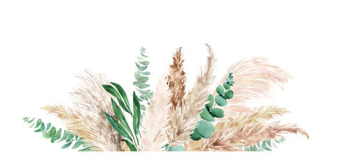 Watercolor pampas grass and eucalyptus border. Hand painted boho floral neutral colors, sage frame. Botanical boho elements isolated on white. Bohemian style wedding invitation, greeting, card