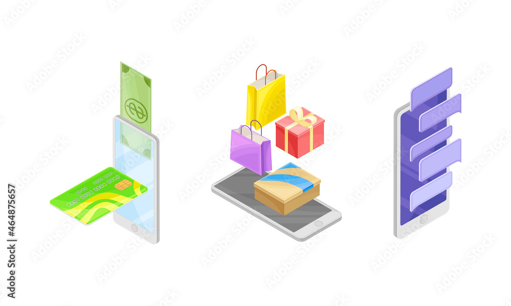 Poster smartphone software with online payments app and internet shopping vector isometric set