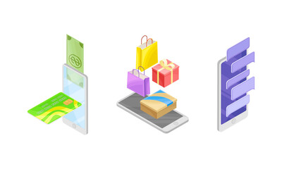 Smartphone Software with Online Payments App and Internet Shopping Vector Isometric Set