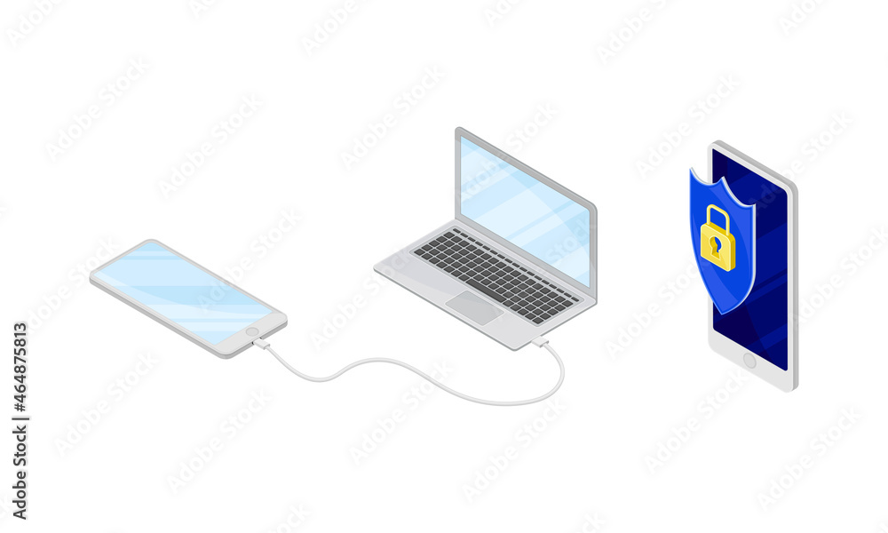 Poster smartphone software with usb cable and secure app vector isometric set
