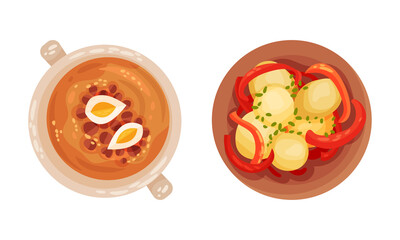Broth in Bowl and Potato as Served Spanish Cuisine Dish Above View Vector Set