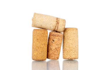 Several wine corks, close-up, isolated on white.