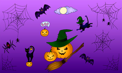 Halloween spider, bat, cats, hat, ghosts, pumpkins