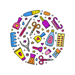 Doodle nail salon icons in circle.