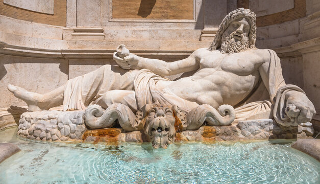 Famous Greek sculpture of Ocean god, named Marforio, located in Rome, Italy. Classic mythology in art.