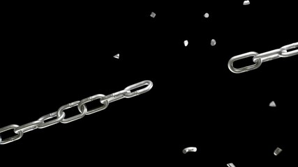 Breaking chains animation. Metal or steel chain is blown to pieces. Concept of regains freedom. Break free from weakness. Symbol of strength, power, free, liberty. Powerful independence. 4K UHD