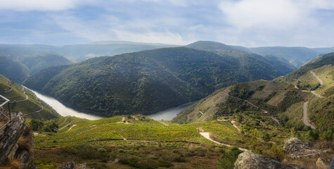 Fototapeta na wymiar panoramic aerial photograph of the vineyards in the Ribeira Sacra from a beautiful viewpoint.