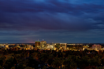 Boise Skyline at night with dark blue sky and clouds