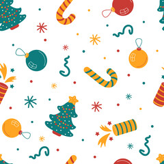 Seamless Christmas pattern with festive trees, decorations, sweets.