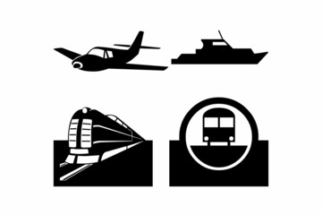 The black and white set logo contains planes, ships, trains, and public transportation